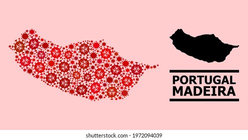 Vector covid collage map of Madeira Island organized for lockdown wallpapers. Red mosaic map of Madeira Island is organized from biological hazard coronavirus pathogen cells.