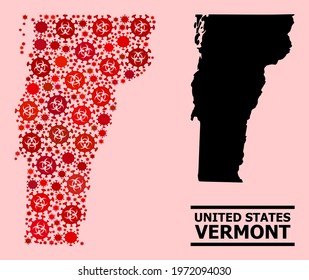 Vector covid collage map of Vermont State organized for vaccination applications. Red mosaic map of Vermont State is organized of biological hazard covid infection parts.