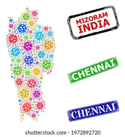 Vector Covid Collage Mizoram State Map, And Grunge Chennai Seal Stamps. Vector Colorful Mizoram State Map Collage, And Chennai Rubber Framed Rectangle Seal Prints.