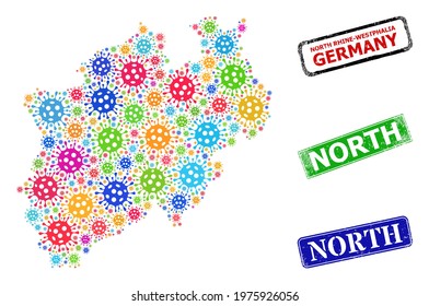 Vector Covid collage North Rhine-Westphalia Land map, and grunge North seal stamps. Vector colored North Rhine-Westphalia Land map mosaic, and North grunge framed rectangle seal prints.