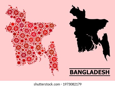 Vector covid composition map of Bangladesh organized for medicare projects. Red mosaic map of Bangladesh is organized with biohazard covid-2019 pathogen elements.