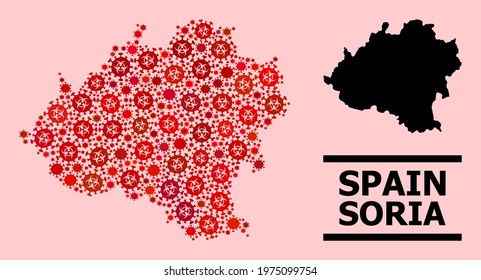 Vector covid composition map of Soria Province done for doctor projects. Red mosaic map of Soria Province is done of biological hazard covid pathogen items.