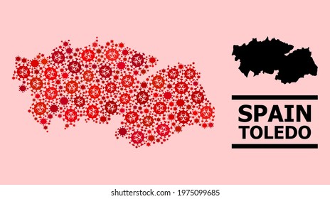 Vector covid composition map of Toledo Province constructed for pharmacy projects. Red mosaic map of Toledo Province is created of biological hazard covid pathogen elements.