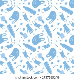 Vector Covid Coronavirus Waste Seamless Pattern. Plastic Pollution On White Background. Environmental Issue Or Ecology Problem Of Marine Rubbish, Latex Gloves, Face Masks In Sea Illustration.