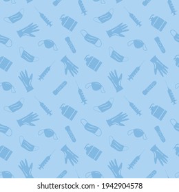 Vector Covid Coronavirus Waste Seamless Pattern. Plastic pollution on blue background. Environmental issue or ecology problem of marine rubbish, latex gloves, face masks in sea illustration.