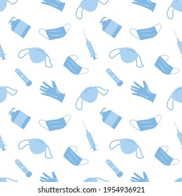 Vector Covid Coronavirus Waste Seamless Pattern. Plastic pollution on white background. Environmental issue or ecology problem of marine rubbish, latex gloves, face masks in sea illustration.