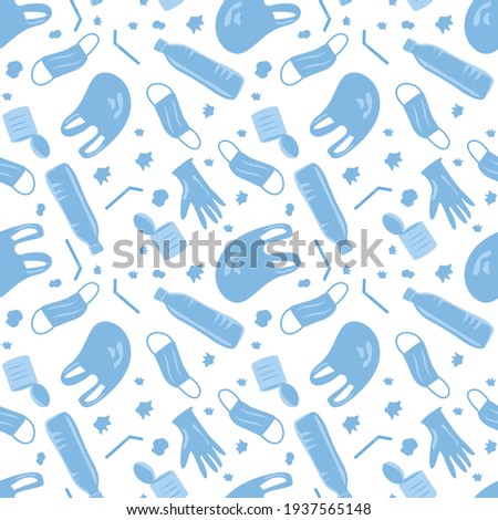 Vector Covid Coronavirus Waste Seamless Pattern. Plastic pollution on white background. Environmental issue or ecology problem of marine rubbish, latex gloves, face masks in sea illustration.