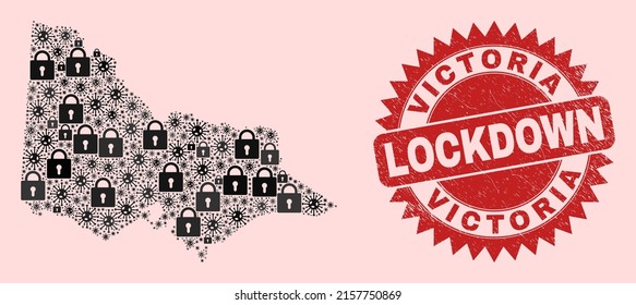 Vector Covid lockdown collage Australian Victoria map and rubber seal. Lockdown red stamp seal uses sharp rosette shape. Mosaic Australian Victoria map is created with Covid, and lock items.