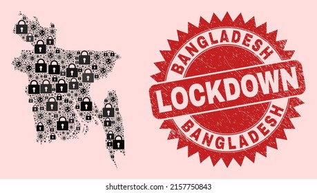 Vector Covid lockdown collage Bangladesh map and textured stamp print. Lockdown red stamp seal uses sharp rosette shape. Mosaic Bangladesh map is composed with covid- 2019 virus, and lock icons.