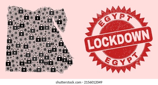 Vector Covid lockdown collage Egypt map and unclean stamp imitation. Lockdown red imprint uses sharp rosette form. Collage Egypt map is organized of covid, and lock icons.