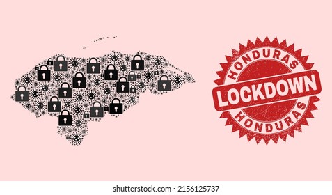 Vector Covid lockdown collage Honduras map and textured seal. Lockdown red watermark uses sharp rosette form. Collage Honduras map is made from SARS virus, and locked items.