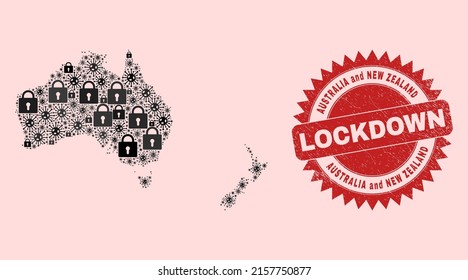 Vector Covid Lockdown Composition Australia And New Zealand Map And Unclean Stamp Imitation. Lockdown Red Stamp Uses Sharp Rosette Shape. Collage Australia And New Zealand Map Is Made From Flu Virus,