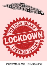 Vector Covid lockdown composition Tortuga Island of Haiti map and unclean seal. Lockdown red seal uses sharp rosette form. Collage Tortuga Island of Haiti map is formed with Covid-2019,