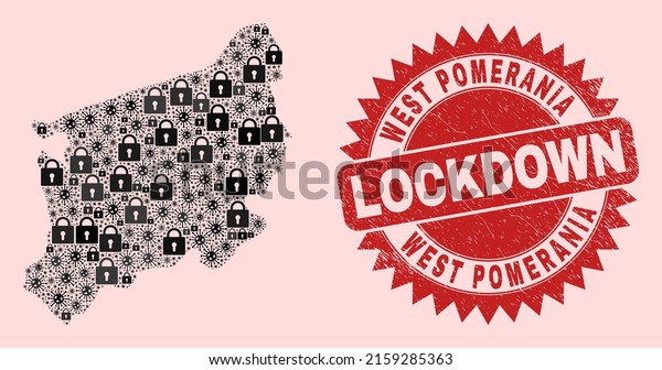 Vector Covid lockdown composition West Pomeranian\
Voivodeship map and textured stamp seal. Lockdown red stamp uses\
sharp rosette form. Collage West Pomeranian Voivodeship map is\
organized of Covid,