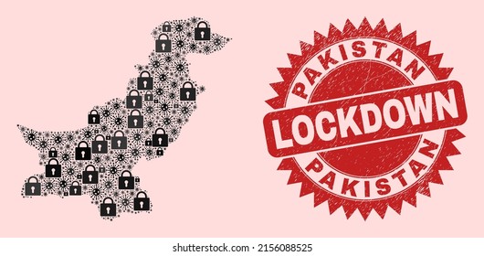 Vector Covid lockdown mosaic Pakistan map and corroded stamp seal. Lockdown red stamp seal uses sharp rosette form. Collage Pakistan map is made with covid- 2019 virus, and locked icons.