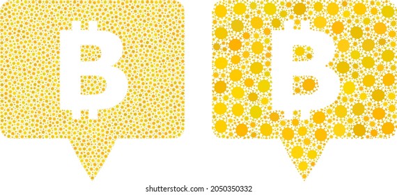 Vector covid mosaic bitcoin banner organized for pharmacy illustrations. Mosaic bitcoin banner is based on icon and it is constructed with biohazard coronavirus viral icons.