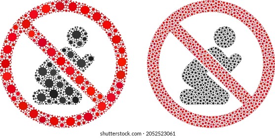 Vector covid mosaic forbid praying man organized for vaccination applications. Mosaic forbid praying man is based on icon and it is constructed of biological hazard coronavirus viral cells.