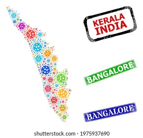 Vector Covid Mosaic Kerala State Map, And Grunge Bangalore Seals. Vector Multi-colored Kerala State Map Mosaic, And Bangalore Corroded Framed Rectangle Seals.