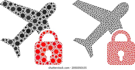 Vector covid mosaic locked airplane created for doctor projects. Mosaic locked airplane is based on icon and it is organized with biohazard covid viral items.