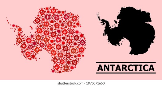Vector covid mosaic map of Antarctica organized for pharmacy illustrations. Red mosaic map of Antarctica is constructed with biological hazard covid pathogen items.