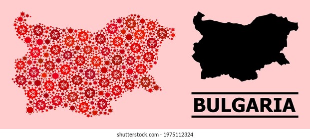 Vector covid mosaic map of Bulgaria organized for hospital posters. Red mosaic map of Bulgaria is designed from biohazard covid pathogen elements.