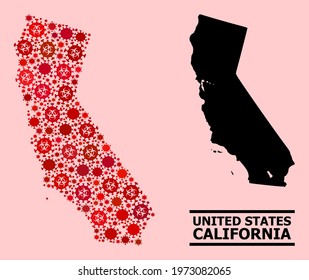 Vector covid mosaic map of California combined for medicare illustrations. Red mosaic map of California is done from biohazard coronavirus pathogen parts.