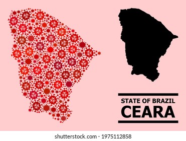 Vector covid mosaic map of Ceara state organized for pandemic projects. Red mosaic map of Ceara state is done with biological hazard covid viral parts.