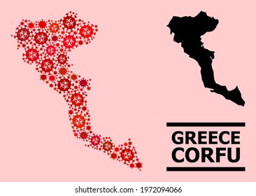 Vector covid mosaic map of Corfu Island created for pandemic posters. Red mosaic map of Corfu Island is formed of biological hazard covid-2019 viral elements.