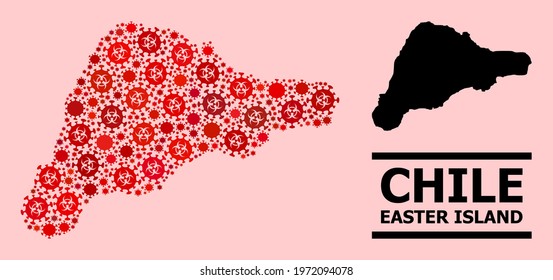 Vector covid mosaic map of Easter Island organized for vaccination illustrations. Red mosaic map of Easter Island is shaped from biological hazard covid-2019 infection icons.