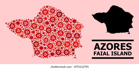 Vector covid mosaic map of Faial Island constructed for medicare advertisement. Red mosaic map of Faial Island is designed from biohazard covid pathogen icons.