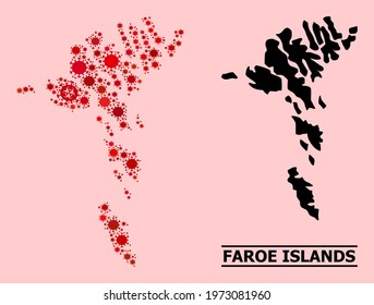 Vector covid mosaic map of Faroe Islands done for hospital wallpapers. Red mosaic map of Faroe Islands is created from biohazard covid-2019 infection cells.