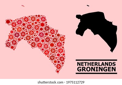 Vector covid mosaic map of Groningen Province designed for medicare applications. Red mosaic map of Groningen Province is organized with biological hazard covid infection elements.