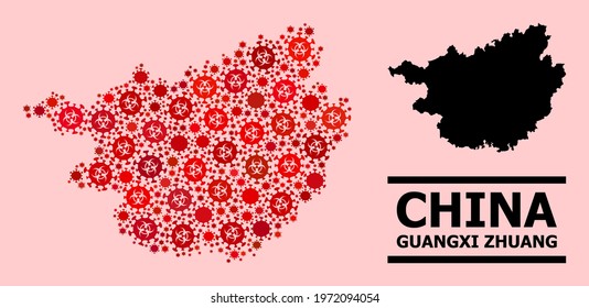 Vector covid mosaic map of Guangxi Zhuang Region created for doctor applications. Red mosaic map of Guangxi Zhuang Region is constructed from biohazard covid-2019 infection items.