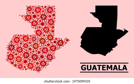 Vector covid mosaic map of Guatemala designed for clinic advertisement. Red mosaic map of Guatemala is organized with biological hazard covid viral elements.