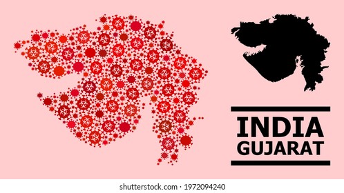 Vector Covid Mosaic Map Of Gujarat State Created For Doctor Posters. Red Mosaic Map Of Gujarat State Is Created From Biological Hazard Covid-2019 Pathogen Items.