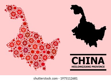 Vector covid mosaic map of Heilongjiang Province designed for vaccination posters. Red mosaic map of Heilongjiang Province is shaped from biohazard covid infection icons.