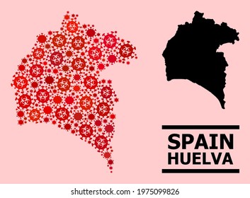 Vector covid mosaic map of Huelva Province designed for lockdown applications. Red mosaic map of Huelva Province is formed of biological hazard covid viral icons.