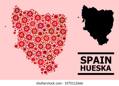 Vector covid mosaic map of Hueska Province combined for pandemic projects. Red mosaic map of Hueska Province is created with biological hazard covid-2019 pathogen cells.