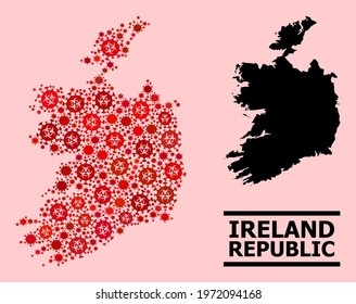 Vector covid mosaic map of Ireland Republic designed for hospital illustrations. Red mosaic map of Ireland Republic is designed of biological hazard covid-2019 infection cells.