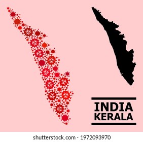 Vector Covid Mosaic Map Of Kerala State Done For Lockdown Posters. Red Mosaic Map Of Kerala State Is Done From Biohazard Covid Infection Elements.