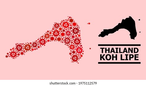 Vector covid mosaic map of Koh Lipe constructed for clinic wallpapers. Red mosaic map of Koh Lipe is done from biohazard covid pathogen cells.