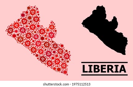 Vector covid mosaic map of Liberia constructed for vaccination posters. Red mosaic map of Liberia is shaped with biological hazard covid infection cells.