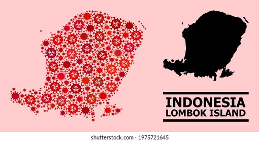 Vector covid mosaic map of Lombok Island organized for clinic illustrations. Red mosaic map of Lombok Island is composed of biohazard covid viral parts.