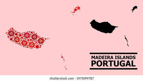 Vector covid mosaic map of Madeira Islands designed for clinic purposes. Red mosaic map of Madeira Islands is done of biological hazard covid-2019 viral elements.