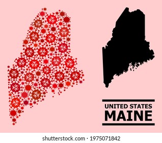 Vector covid mosaic map of Maine State combined for pharmacy projects. Red mosaic map of Maine State is composed from biohazard covid pathogen cells.