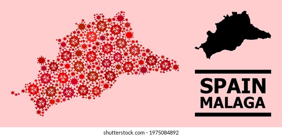 Vector covid mosaic map of Malaga Province organized for medicare posters. Red mosaic map of Malaga Province is formed of biological hazard covid-2019 pathogen elements.