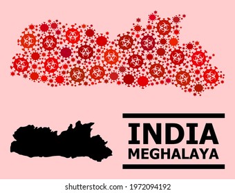 Vector covid mosaic map of Meghalaya State created for vaccination advertisement. Red mosaic map of Meghalaya State is made from biological hazard covid infection items.