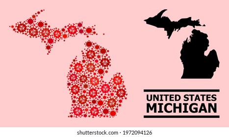 Vector covid mosaic map of Michigan State designed for vaccination wallpapers. Red mosaic map of Michigan State is designed with biohazard covid-2019 pathogen icons.