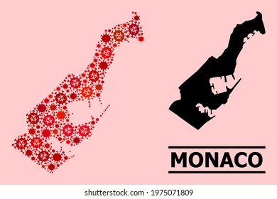 Vector covid mosaic map of Monaco combined for medicare posters. Red mosaic map of Monaco is shaped from biohazard flu viral parts.