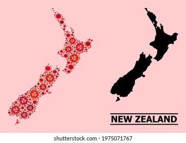 Vector covid mosaic map of New Zealand done for lockdown purposes. Red mosaic map of New Zealand is designed with biological hazard covid-2019 pathogen cells.